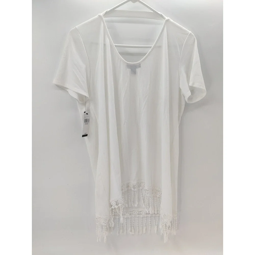 ALYX Women's Ivory Short Sleeve Crochet Fringe Hem Top‎ Size Large NWT